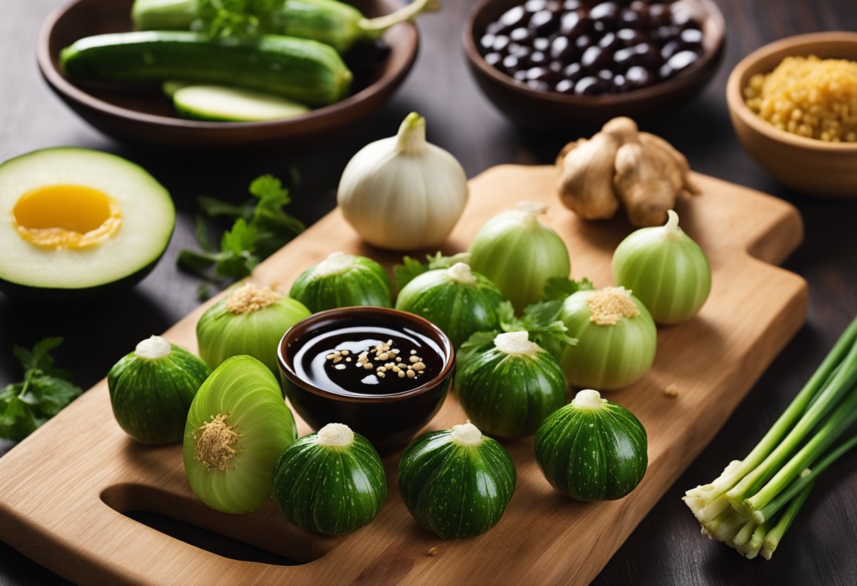 A colorful array of fresh zucchinis, soy sauce, ginger, and garlic on a wooden cutting board, with a wok and chopsticks in the background