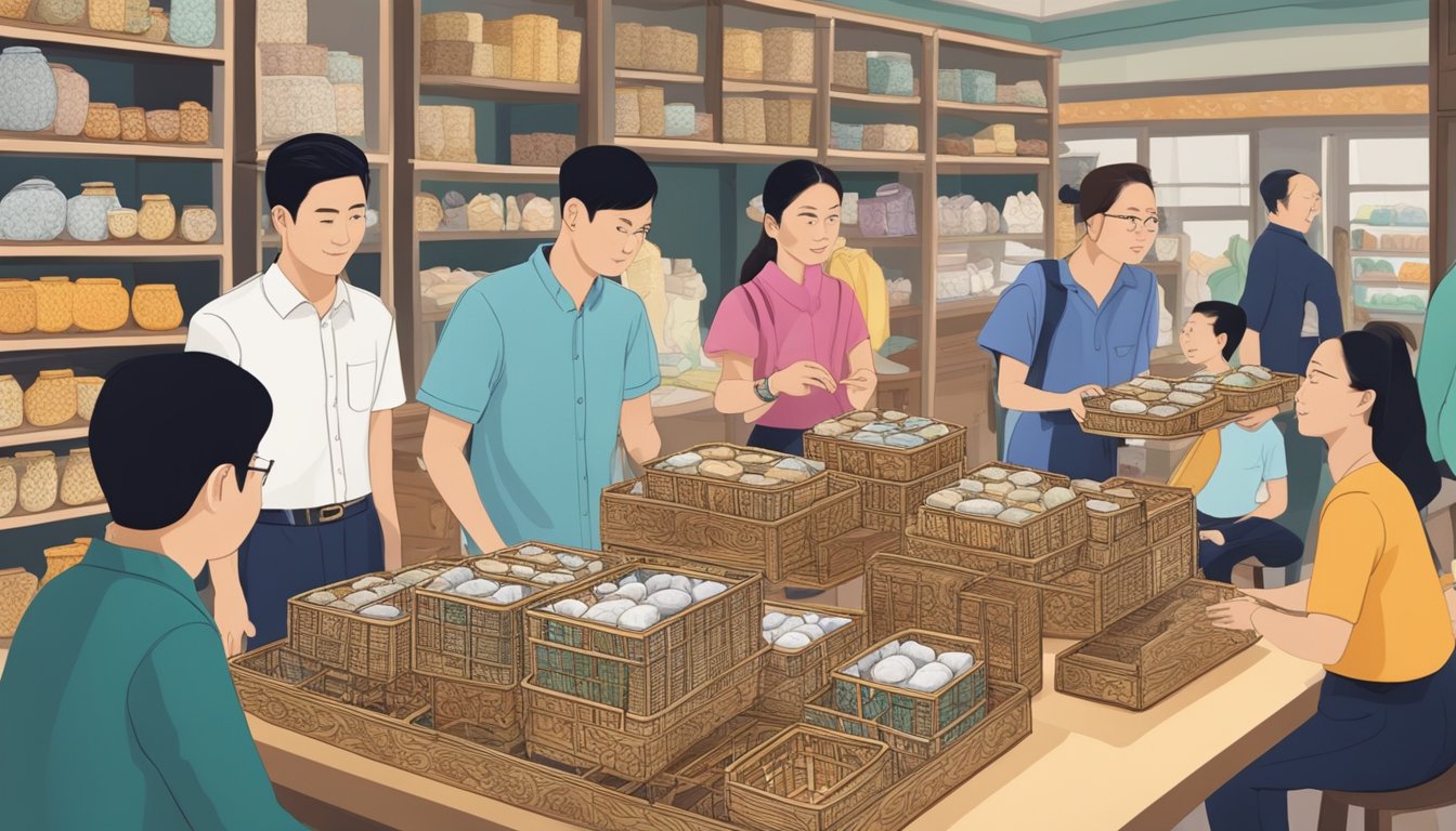 A table with decorative hantaran trays displayed, surrounded by curious customers seeking to purchase in a Singaporean store