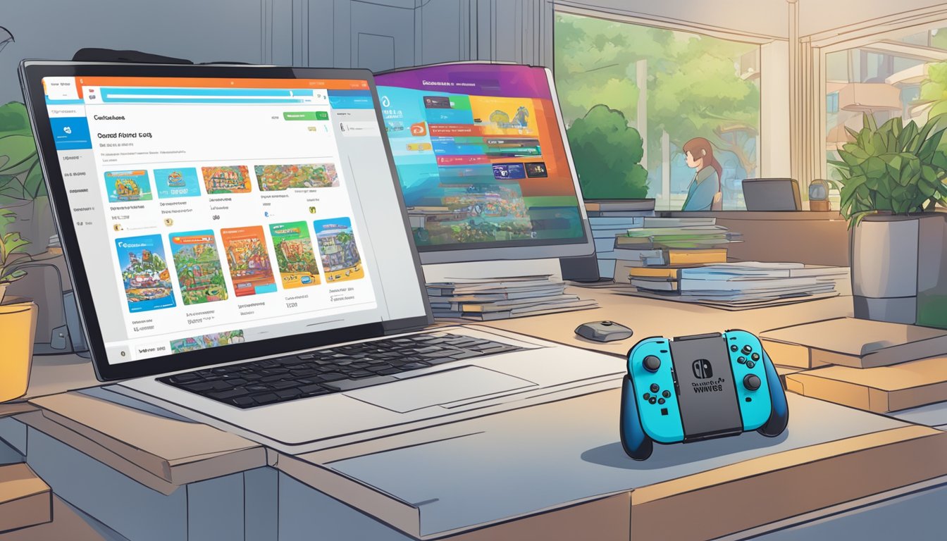 A computer screen displaying a website with a variety of Nintendo Switch games available for purchase. A digital payment method and a Singaporean address are entered into the checkout process