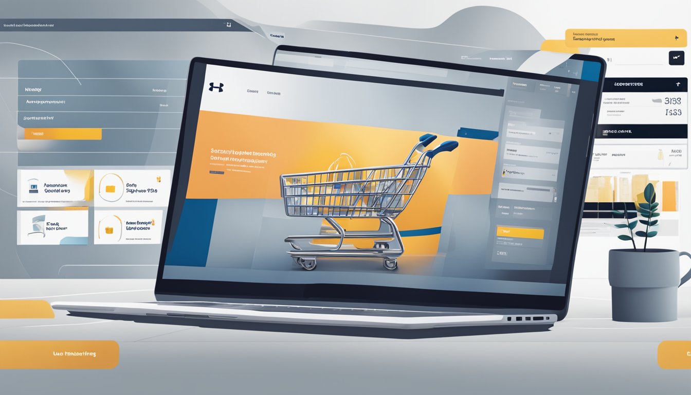 A computer screen shows a person browsing the Under Armour website. A digital shopping cart is visible with products ready for purchase
