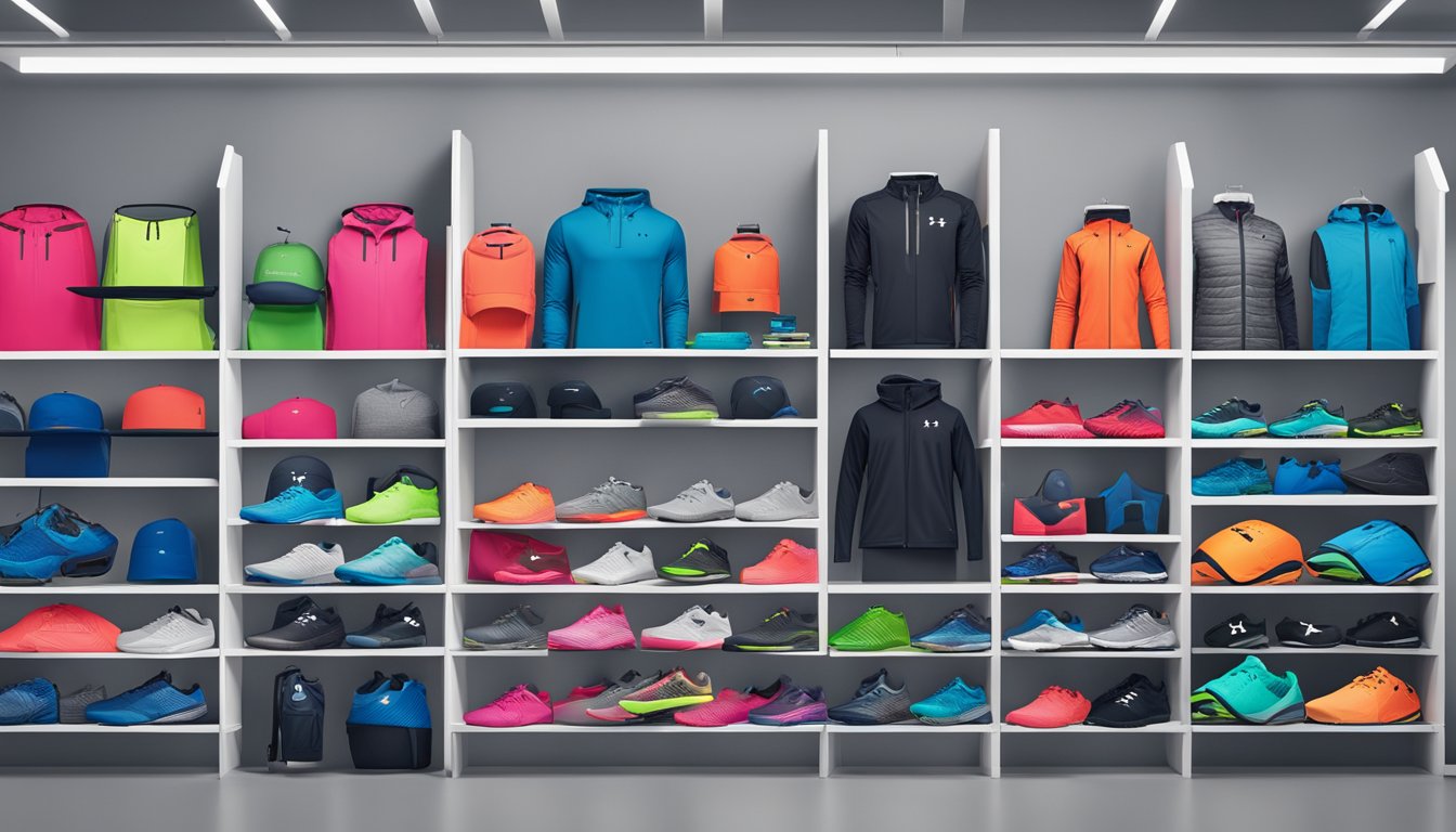 A display of Under Armour products arranged neatly on shelves with the brand logo prominently featured