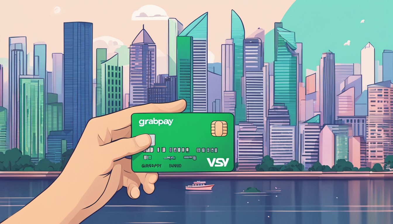 A hand holding a GrabPay card against a Singaporean cityscape backdrop