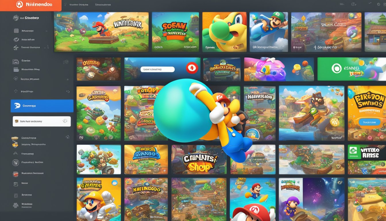 A computer screen displaying the Nintendo eShop homepage. A cursor clicks on the "Nintendo Switch Games" tab, revealing a list of titles available for purchase