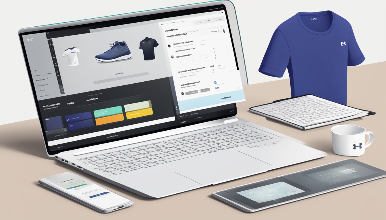 A laptop displaying the Under Armour website with a variety of products, a smooth checkout process, and a satisfied customer receiving a confirmation email