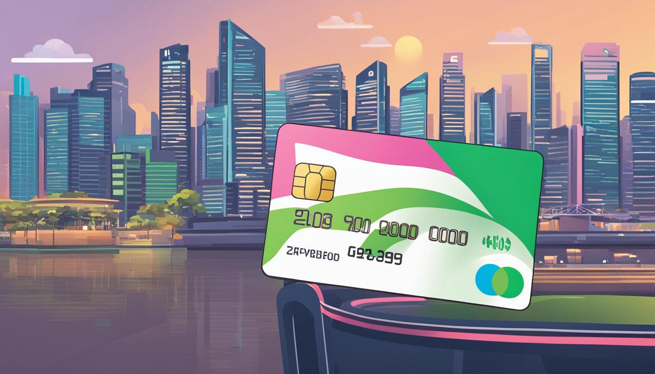 The GrabPay Card sits on a sleek, modern table with a Singaporean skyline in the background. The card features the Grab logo and a vibrant color scheme