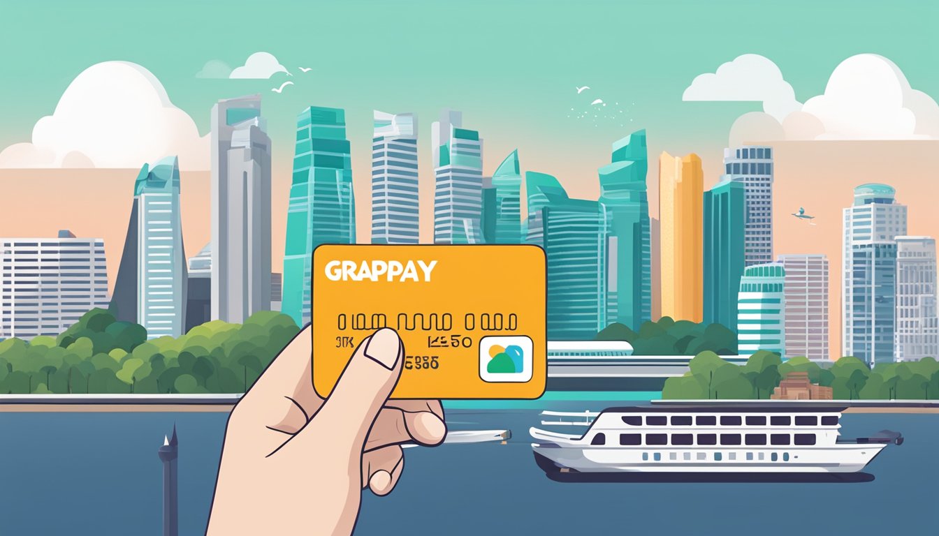 A hand holding a GrabPay Card with Singapore landmarks in the background