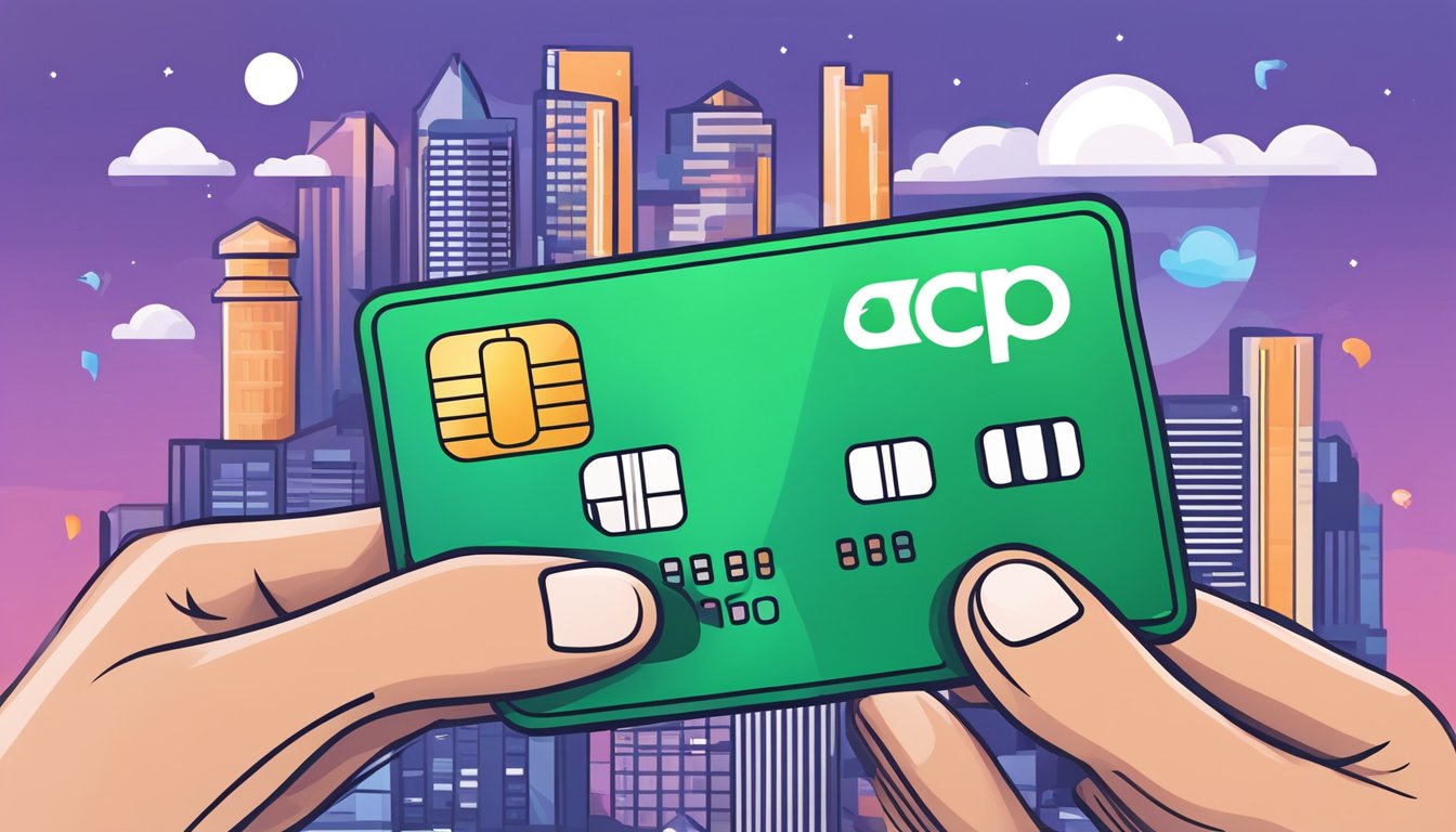 A colorful GrabPay card surrounded by various financial benefits and rewards icons, with the Singapore skyline in the background