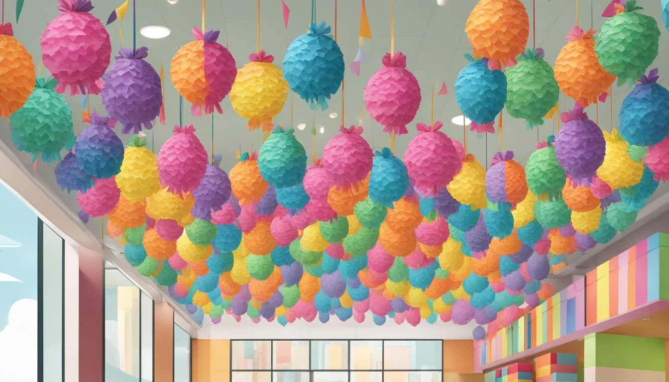 Colorful piñatas hang from the ceiling in a festive store display in Singapore. Brightly patterned paper and vibrant designs catch the eye, creating a lively and joyful atmosphere