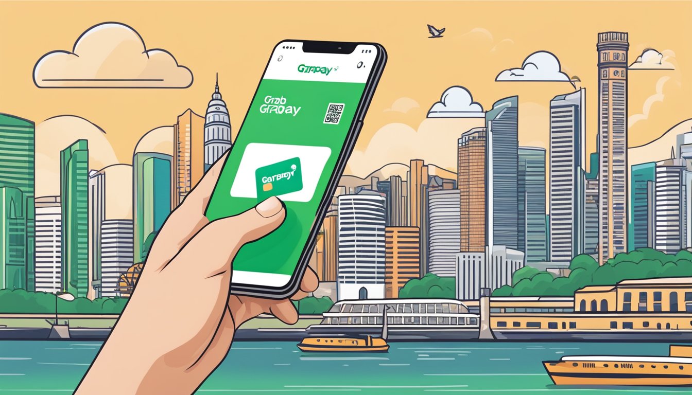 A hand reaching for a GrabPay card with the GrabPay logo prominently displayed, against a backdrop of iconic Singapore landmarks