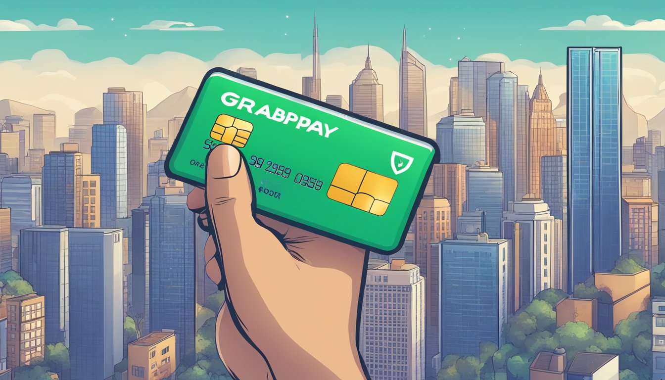 A hand holding a GrabPay card with a security lock icon. A shield symbolizes protection. A city skyline in the background