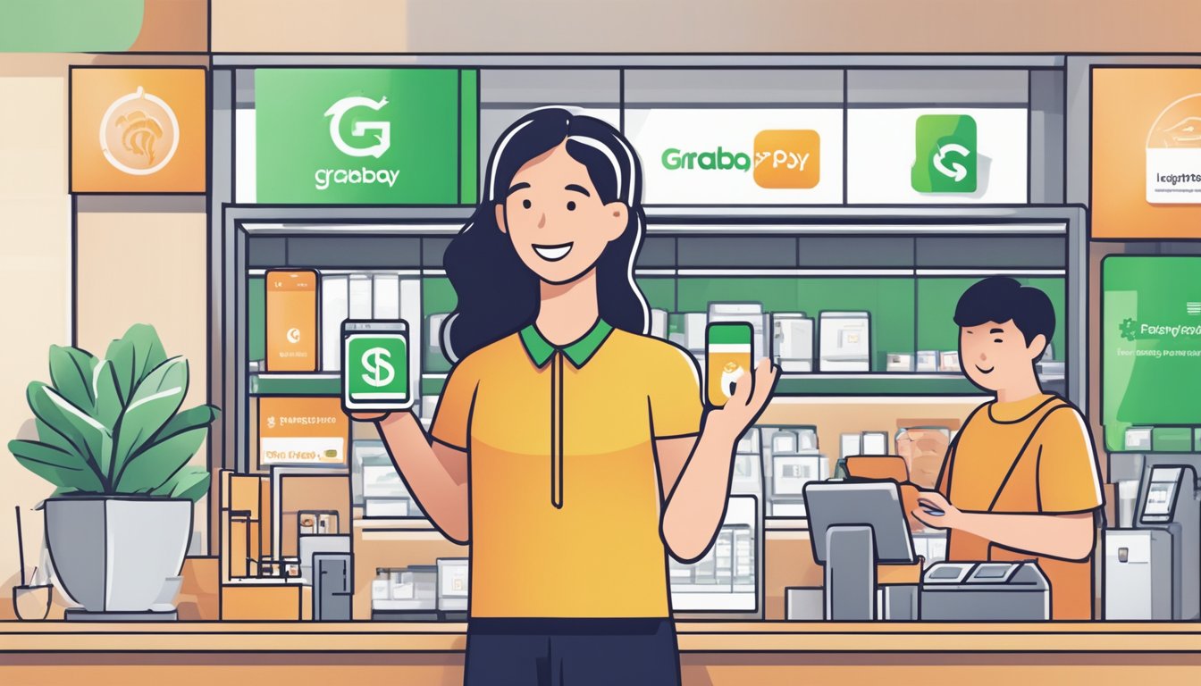 A person swipes a Lifestyle Integrations GrabPay card at a Singaporean store. The card features a sleek design and is accepted at various merchants