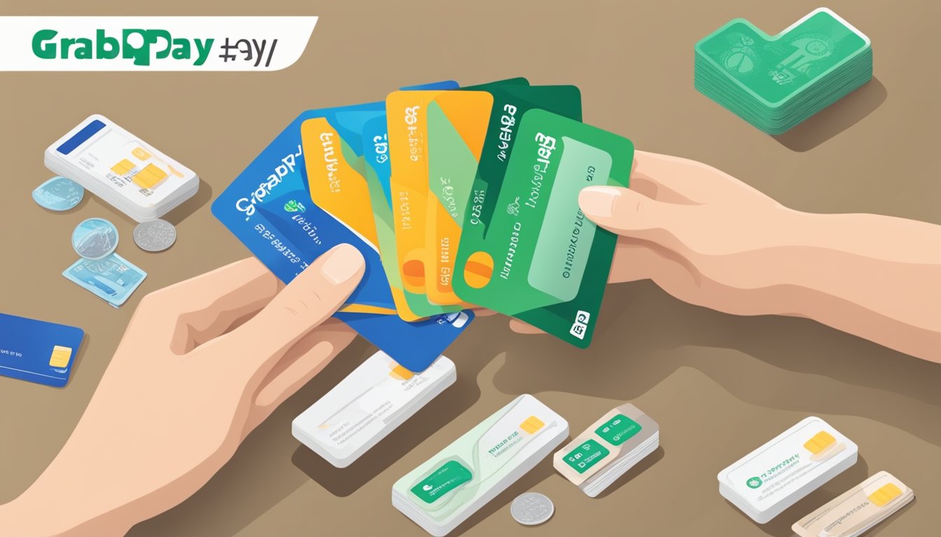 A hand holds a GrabPay card next to alternative payment cards. Text reads "GrabPay Card Singapore: A Quick Review."