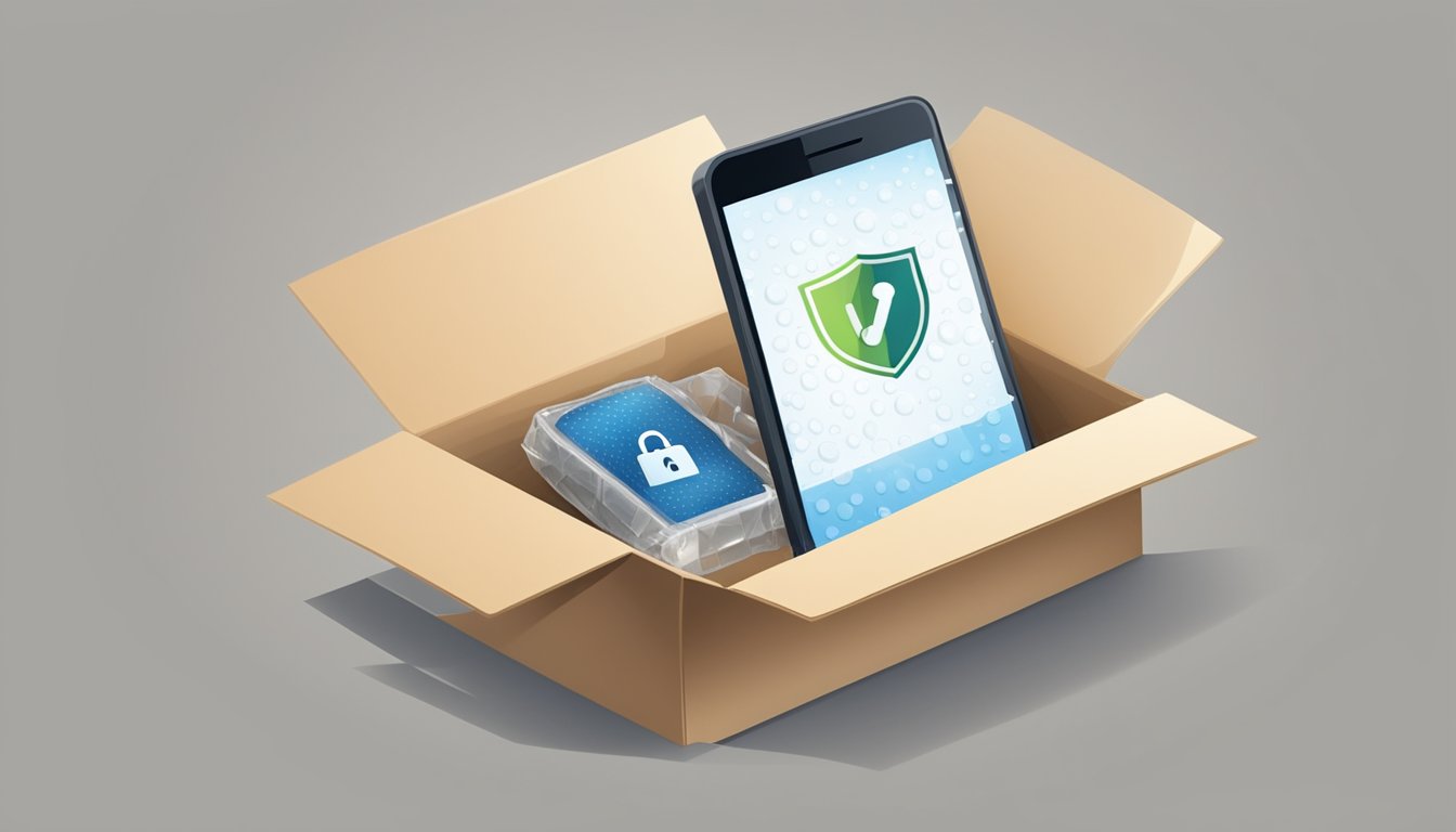A smartphone being securely packaged in a sturdy box with bubble wrap and a "fragile" sticker, surrounded by a secure lock symbol and a shield icon