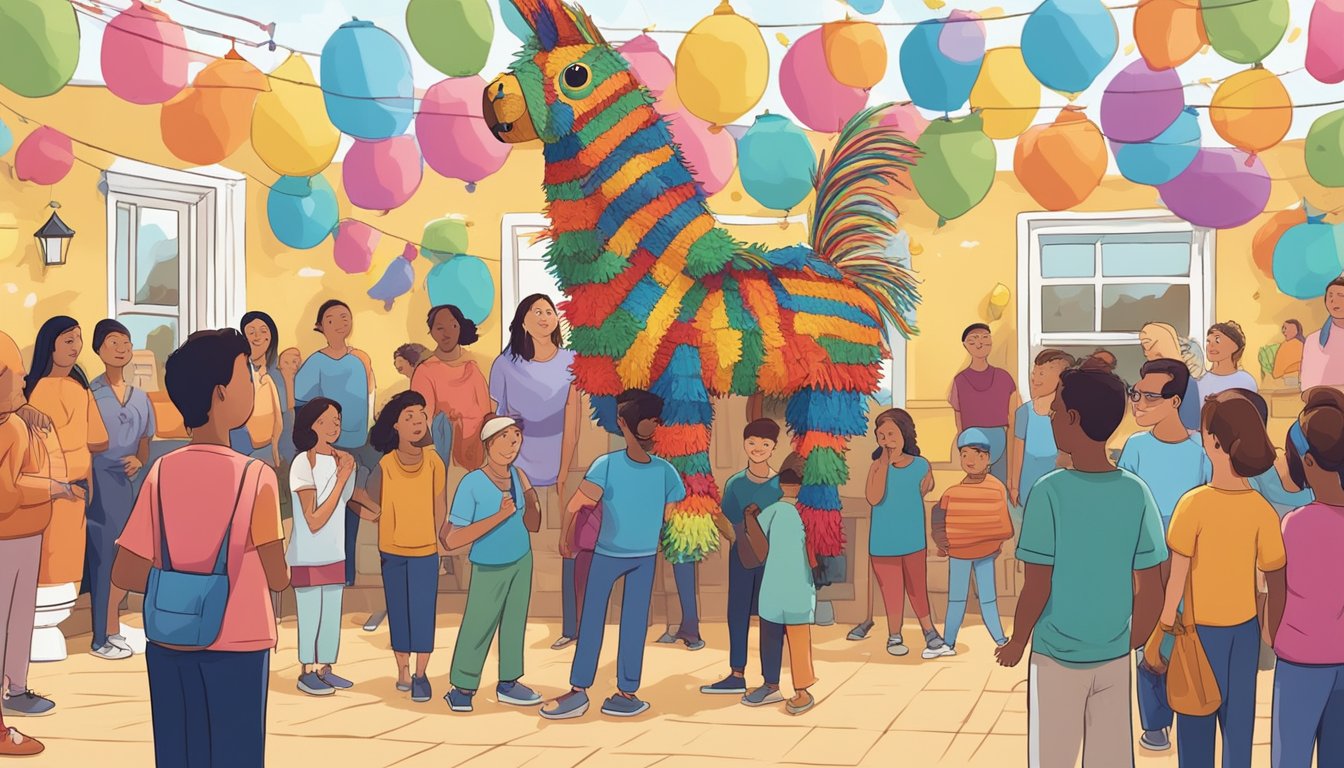 A colorful pinata hangs in a festive setting, surrounded by curious onlookers. The words "Frequently Asked Questions" are prominently displayed on the pinata