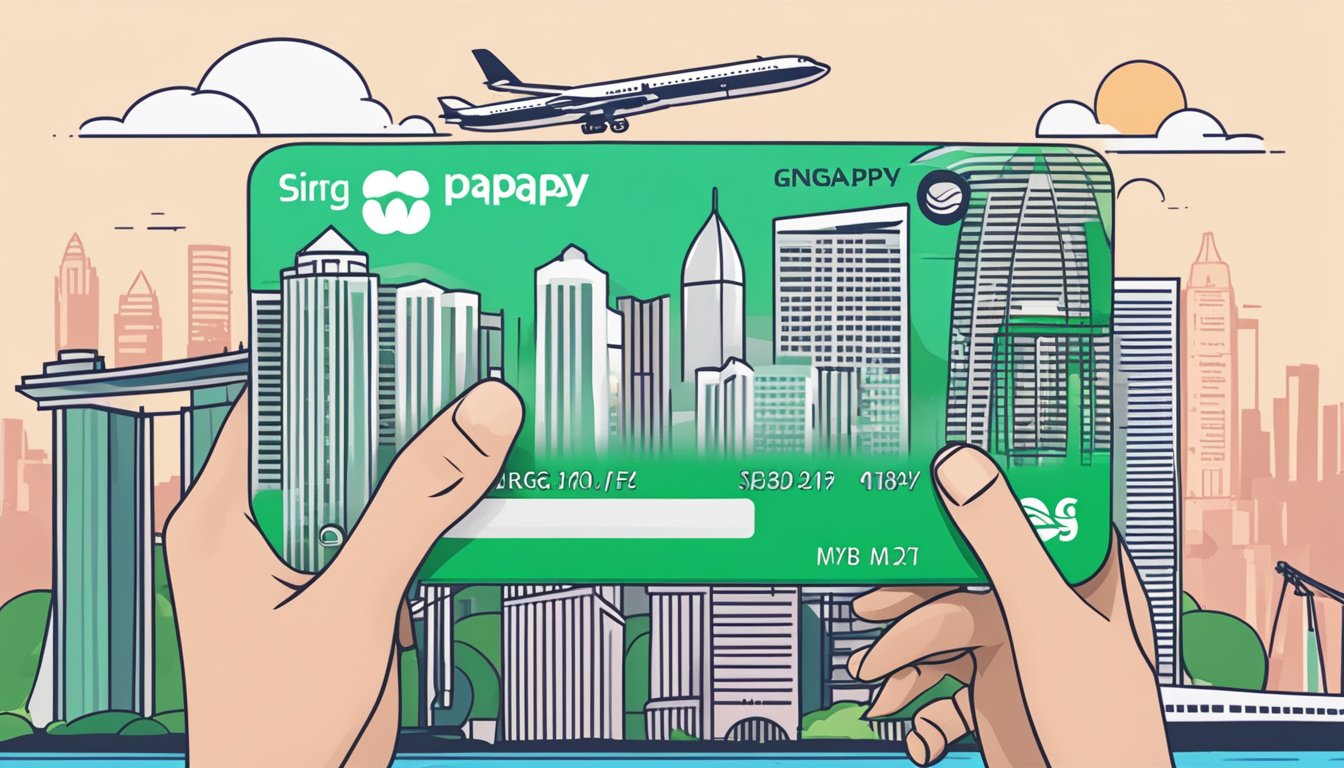 A hand holding a GrabPay card with Singapore landmarks in the background