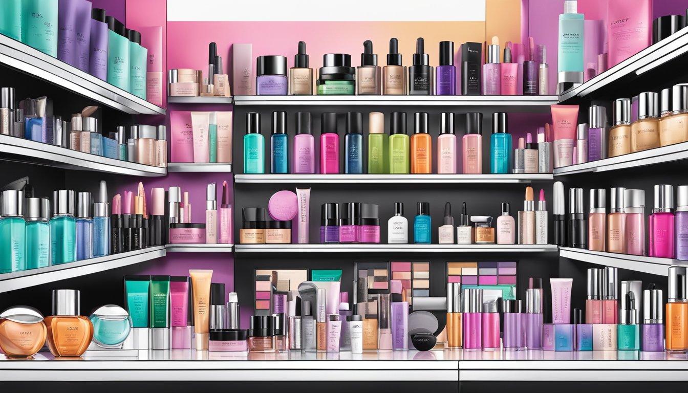 A colorful display of Sephora's best beauty essentials arranged neatly on shelves, with vibrant packaging and enticing product labels