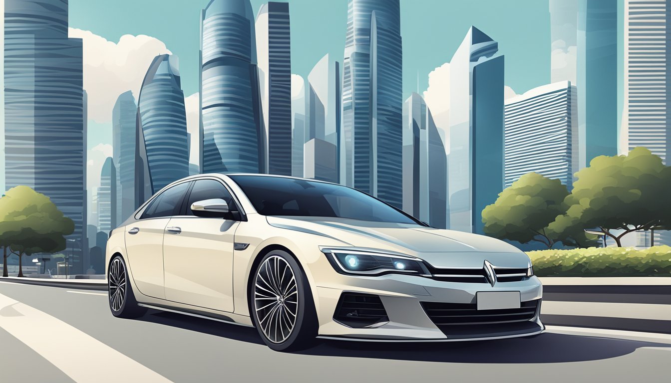 A sleek car parked in front of a modern Singapore skyline, with bustling city streets and iconic landmarks in the background