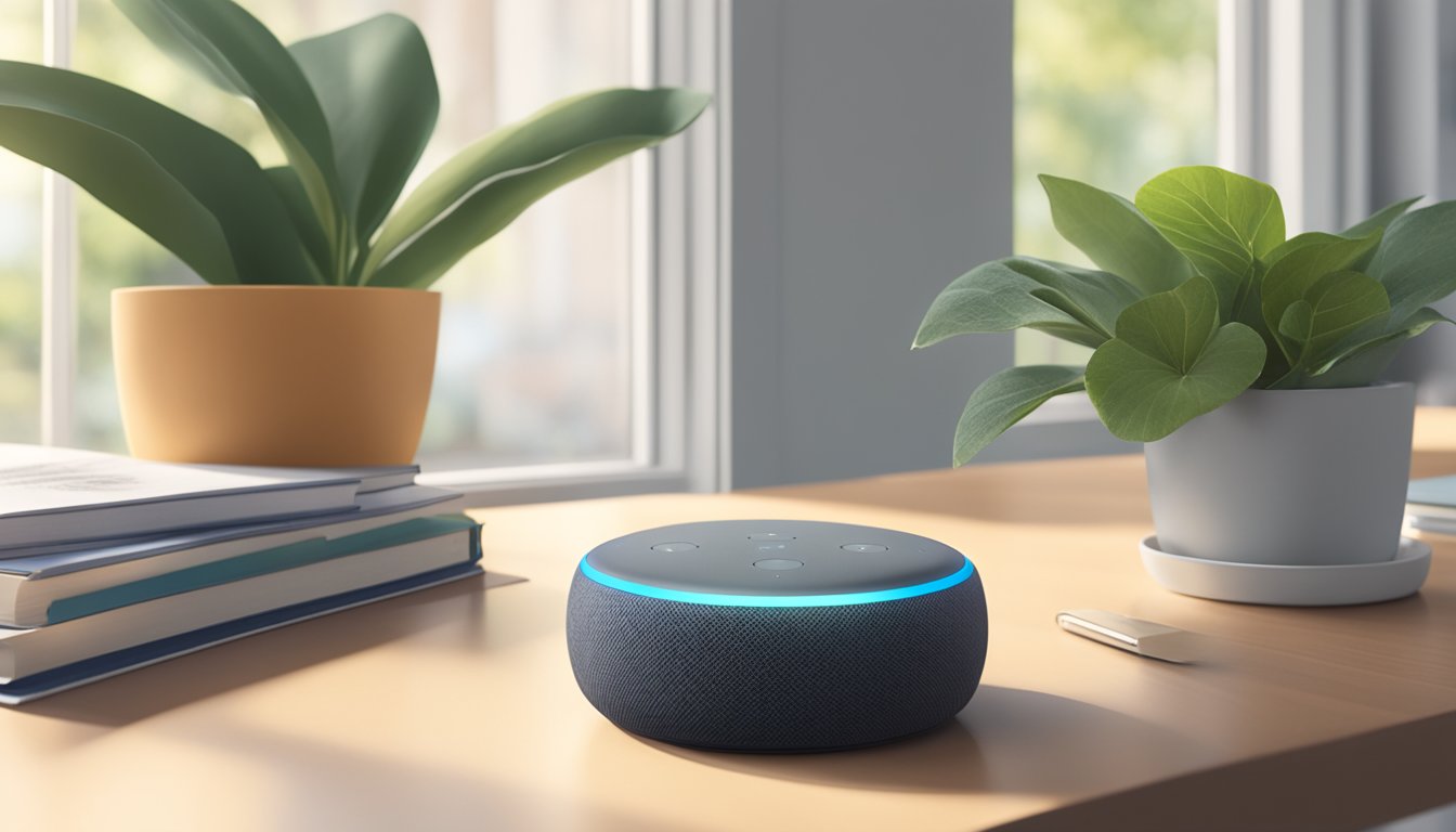 The Echo Dot sits on a sleek, modern desk next to a stack of books and a potted plant, with natural light streaming in from a nearby window
