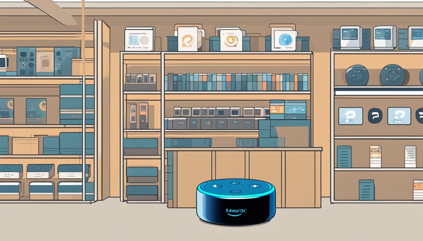 A display of Echo Dot in a modern electronics store in Singapore. Shelves neatly stocked with the product, accompanied by a "Frequently Asked Questions" sign