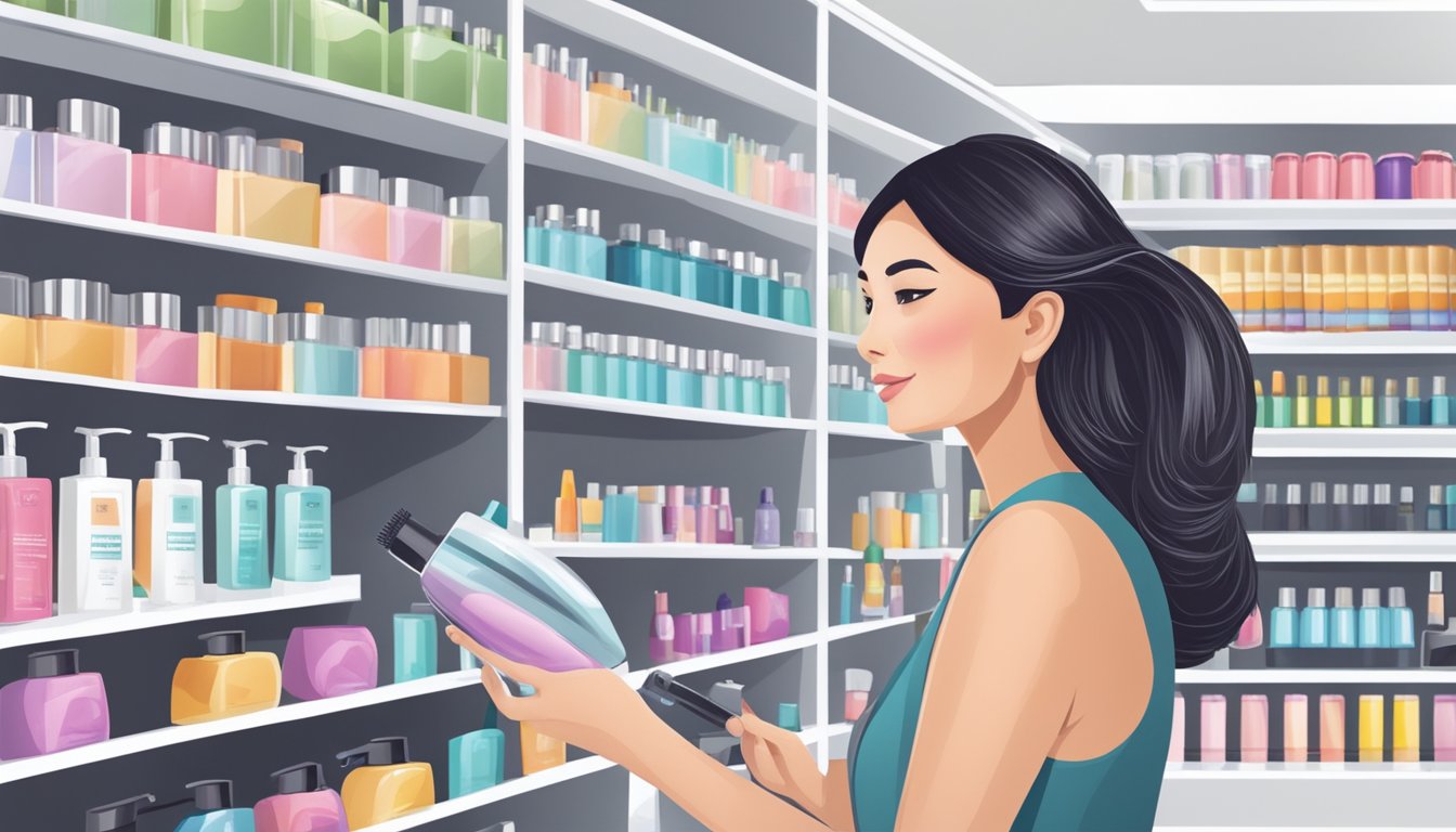 A woman browsing shelves of hair products in a modern Singaporean beauty store, looking for silver shampoo