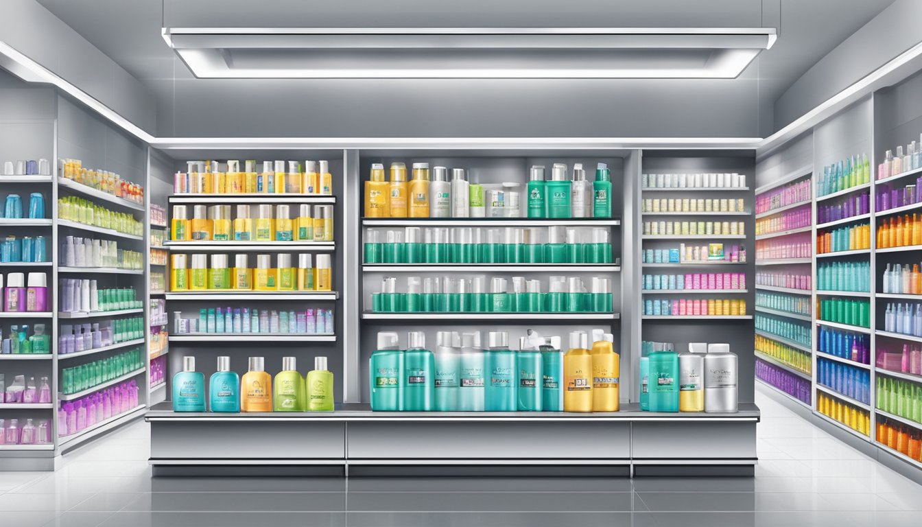 A shelf stocked with various brands of silver shampoo in a well-lit beauty store in Singapore. Bright, colorful packaging stands out against the clean, organized display
