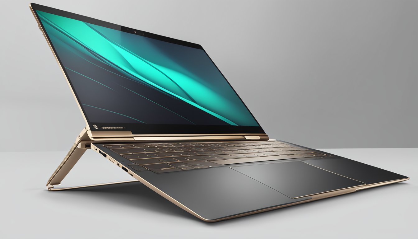 The HP Spectre X360 sits on a sleek, modern desk, its slim, metallic design catching the light. The laptop's screen is angled, displaying vivid colors and crisp images