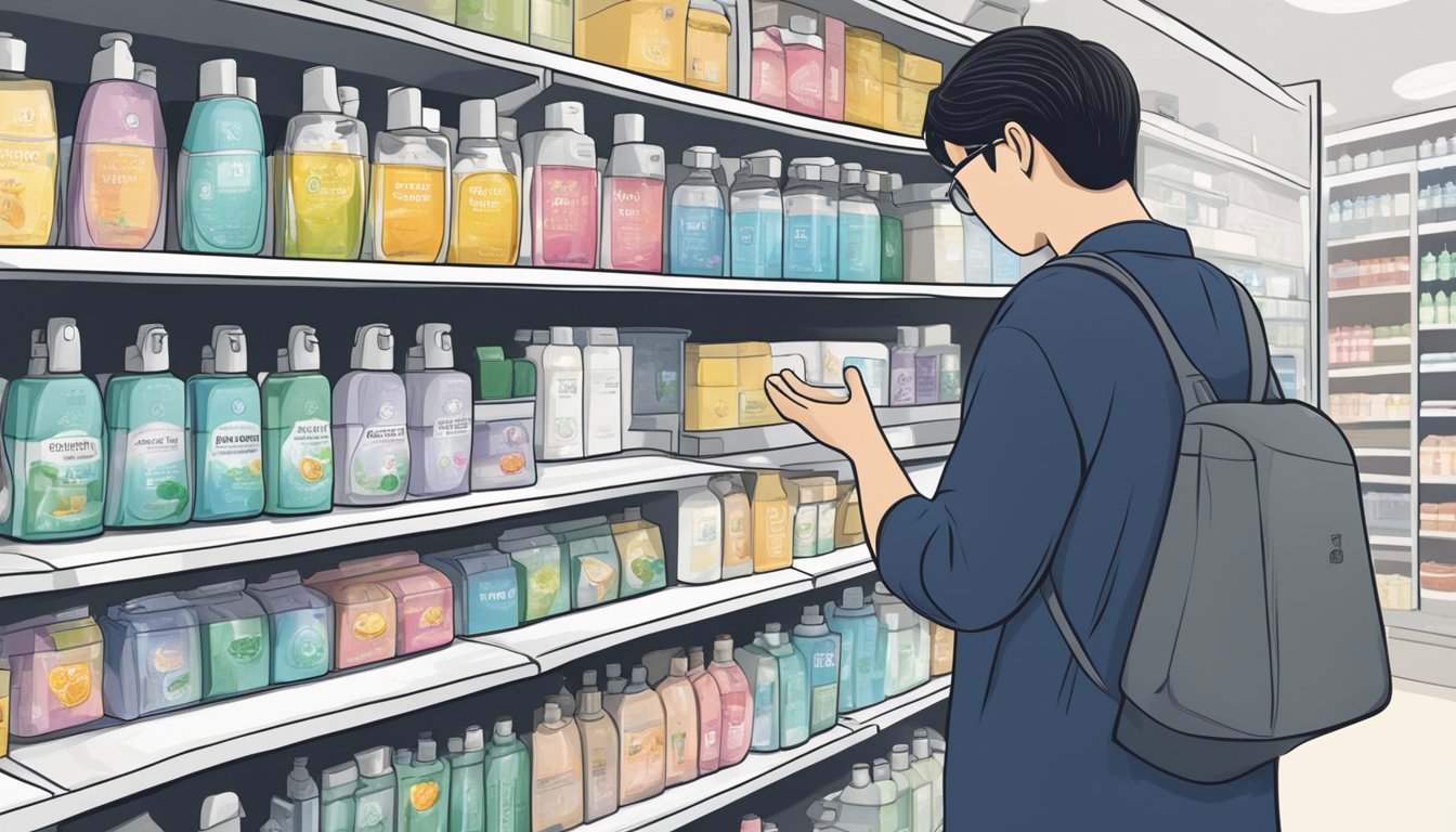 A hand reaching for a bottle of silver shampoo on a shelf in a Singaporean store. Labels in English and Mandarin