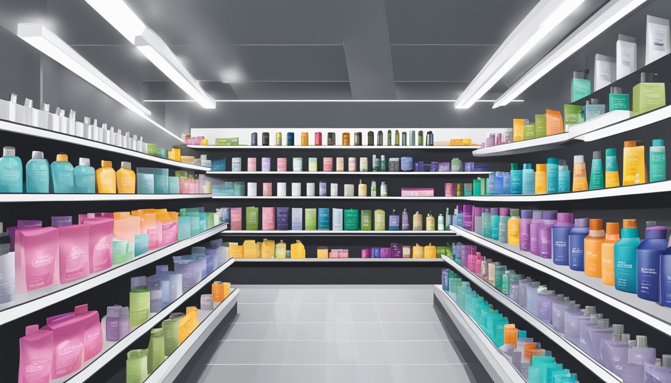 Shelves of hair care products in a Singaporean store, with prominent displays of silver shampoo and clear signage indicating "Frequently Asked Questions."