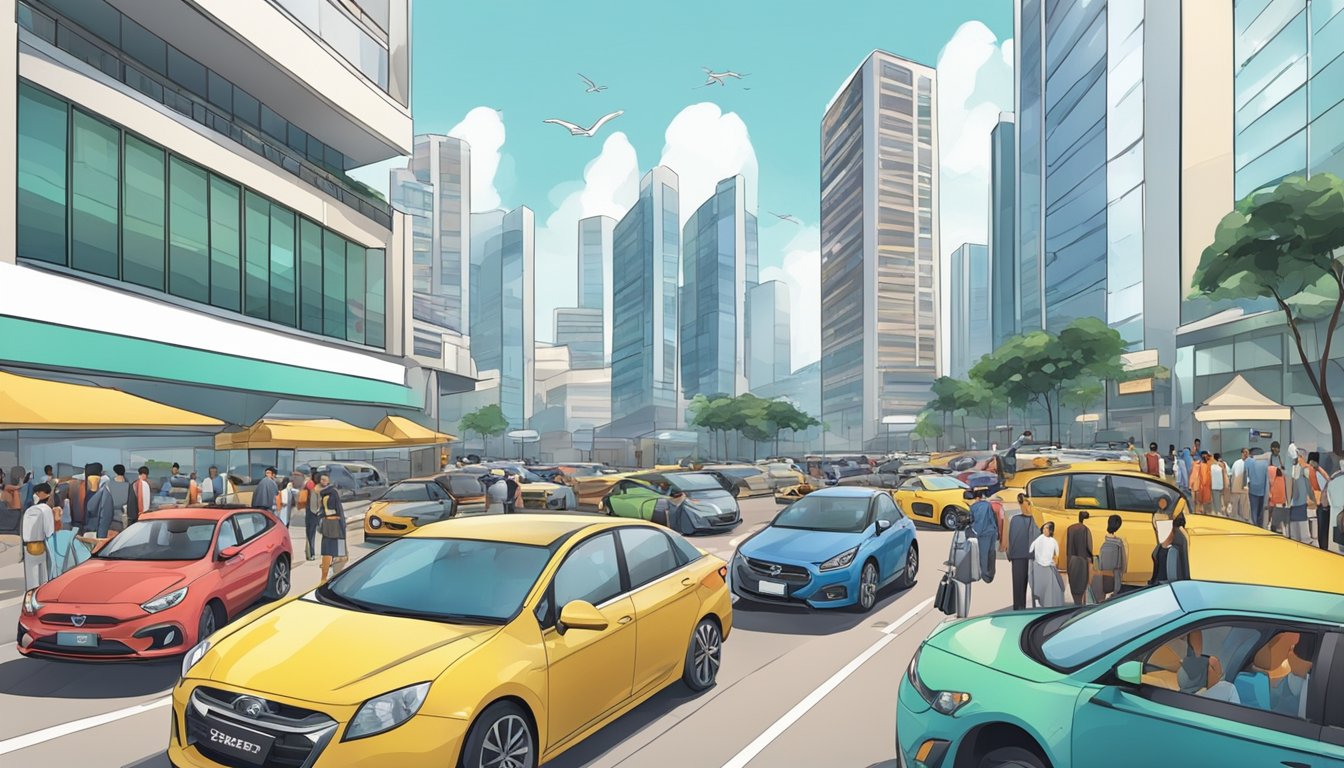 A bustling Singapore street with various car dealerships, crowded with potential buyers and sellers negotiating prices and inspecting vehicles