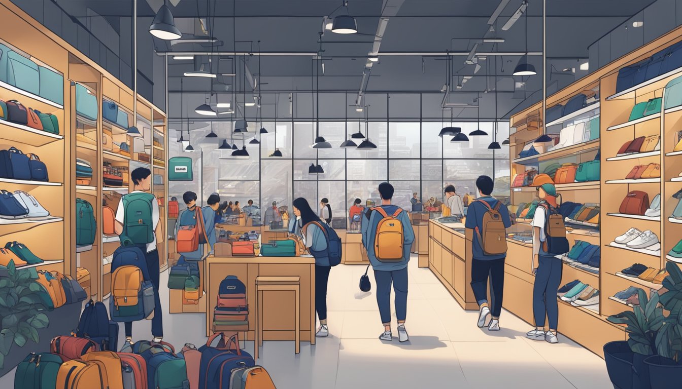 A bustling Herschel store in Singapore, with shelves lined with stylish backpacks and accessories, customers browsing and making purchases