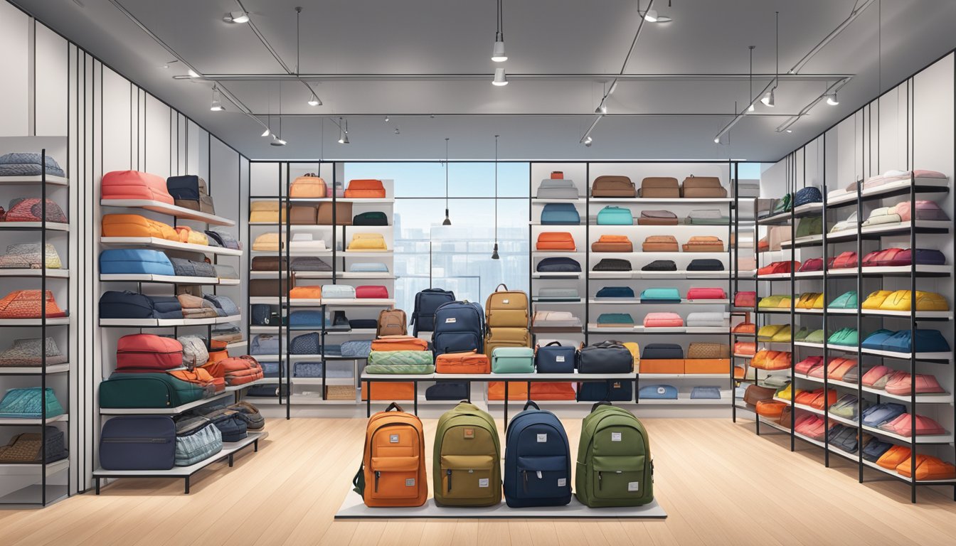 A display of Herschel's products in a well-lit store, with shelves neatly arranged and filled with backpacks, travel bags, and accessories