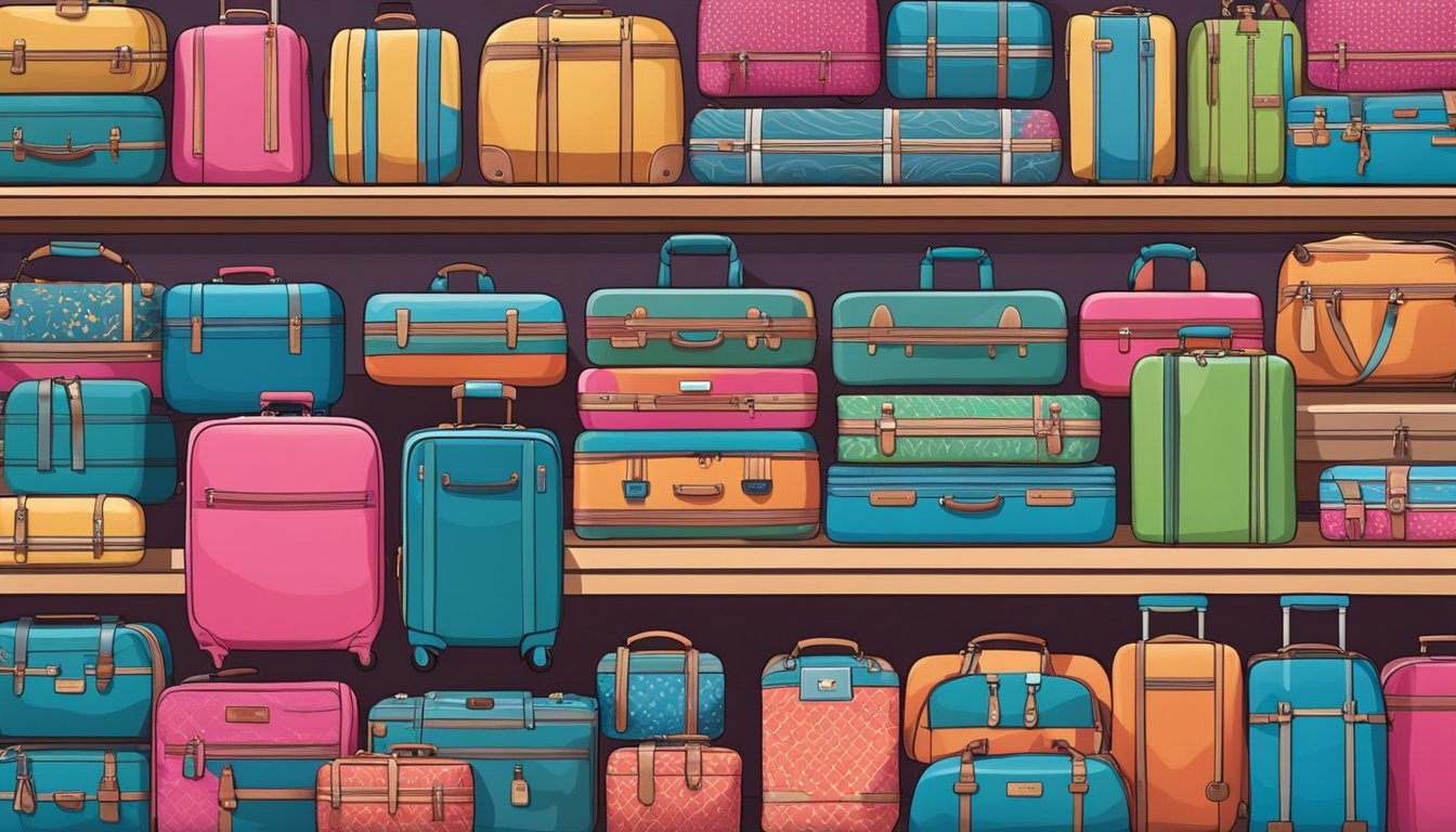 A colorful array of luggage covers displayed on shelves in a Singapore store. Bright patterns and durable materials catch the eye