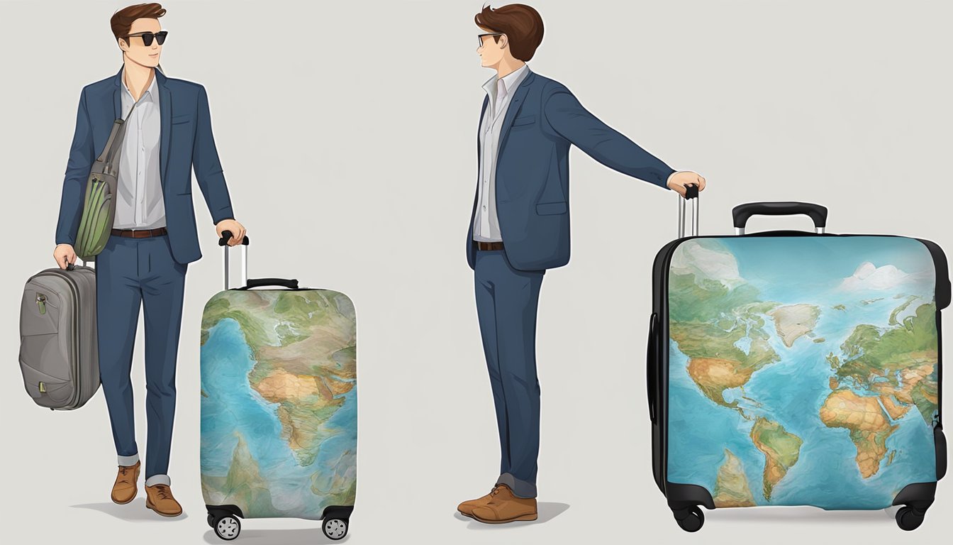 A traveler effortlessly secures a durable luggage cover over their suitcase, ensuring protection and style for their journey