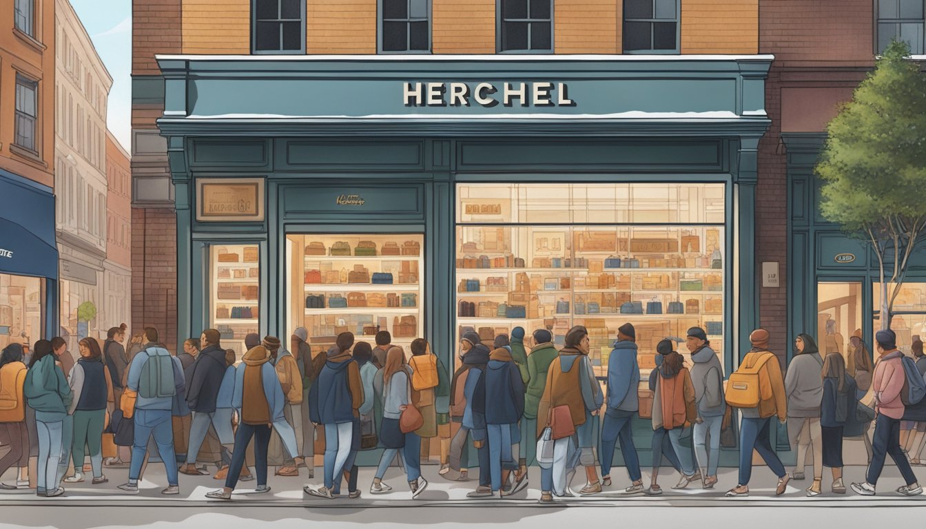 A bustling city street with a prominent storefront displaying "Herschel" products and a crowd of people looking at the store