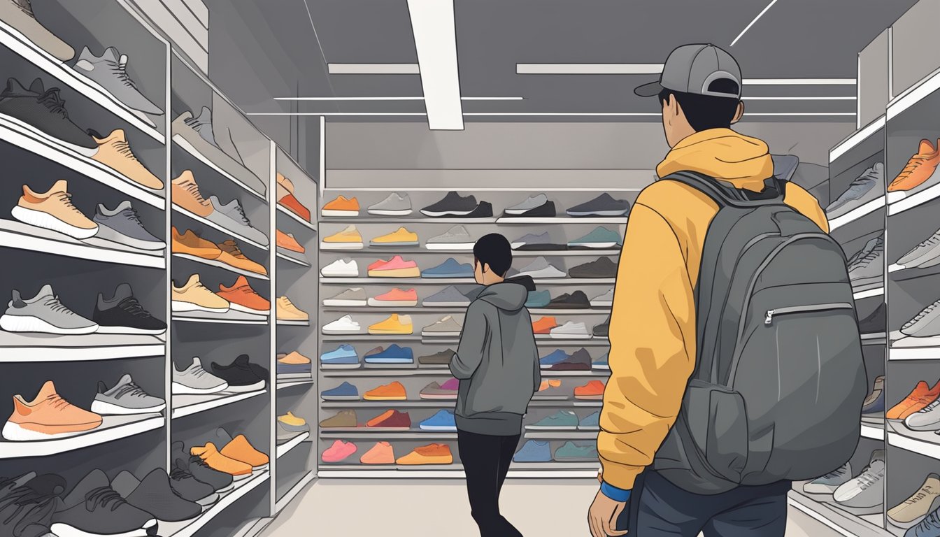 A customer selects Yeezy Boost 350 from a display in a Singaporean store