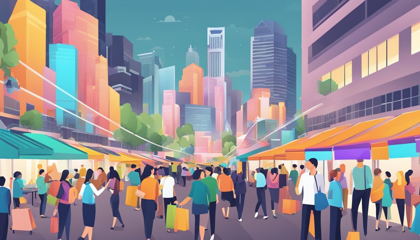 A bustling Singapore buy-sell forum with users trading goods and services, lively discussions, and colorful banners