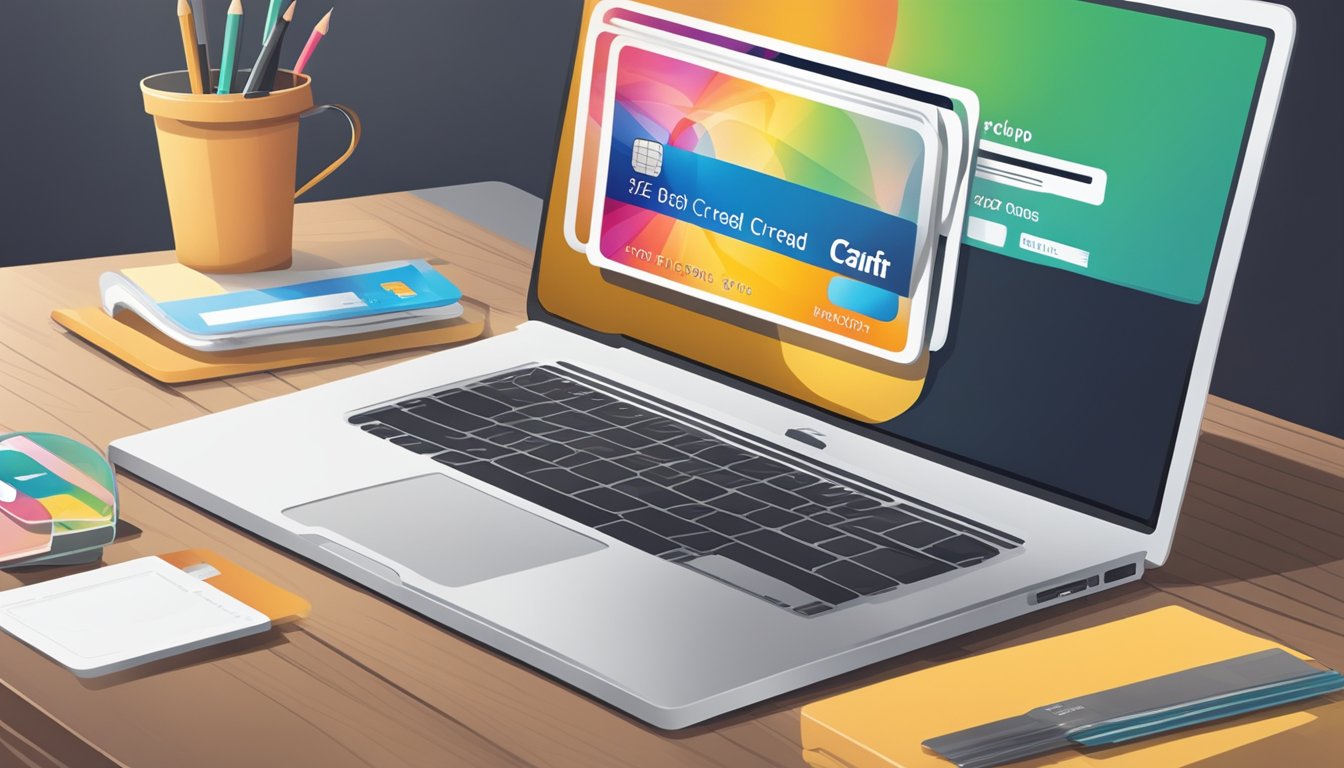 A laptop sits open on a desk with a credit card next to it. The screen displays the iTunes store, ready for the purchase of an iTunes gift card using the credit card