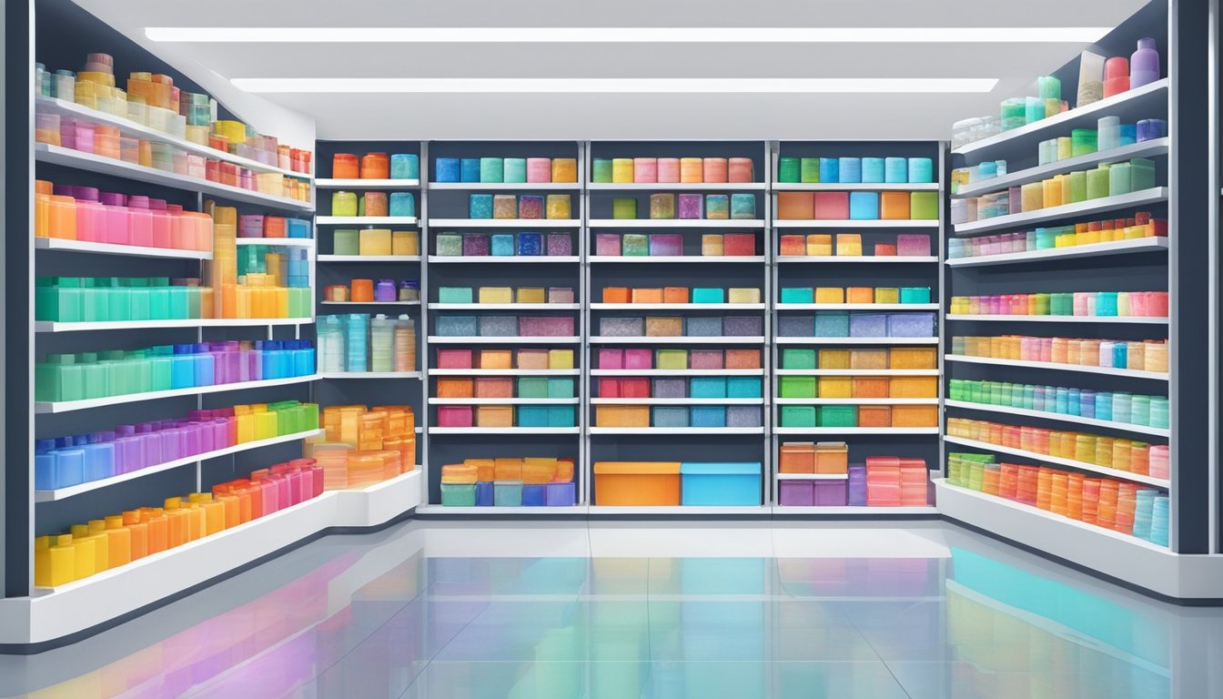 A bright, modern store in Singapore displays shelves filled with colorful epoxy resin products and supplies. The shop is well-lit, with a clean, organized layout and a variety of epoxy options for sale
