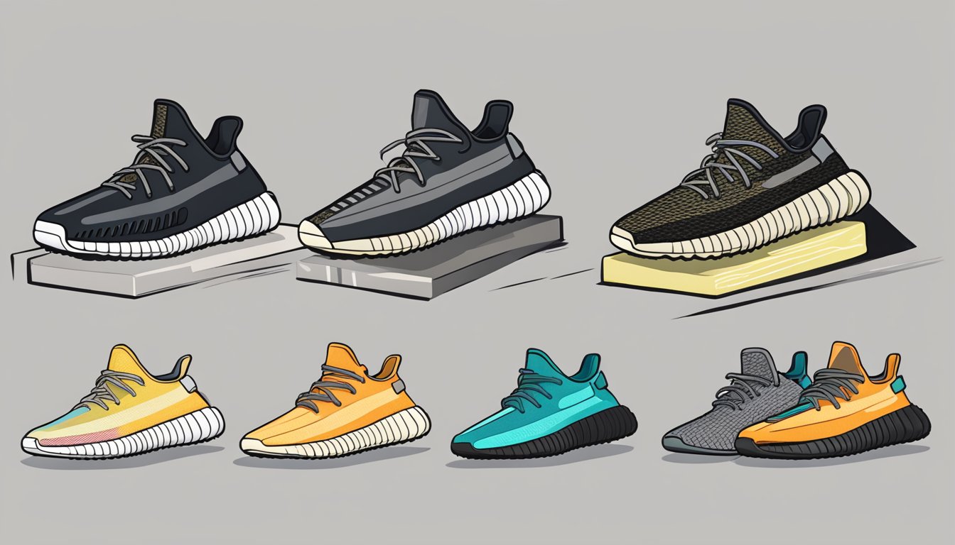 A pair of Yeezy Boost 350 sneakers displayed alongside various alternative sneaker options, showcasing top collaborations