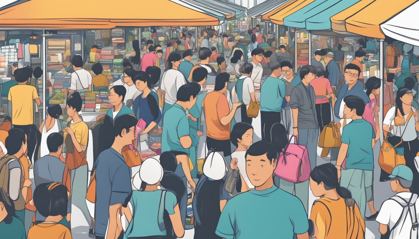 People browsing stalls, exchanging goods, and negotiating prices at the bustling Marketplace Singapore buy-sell forum