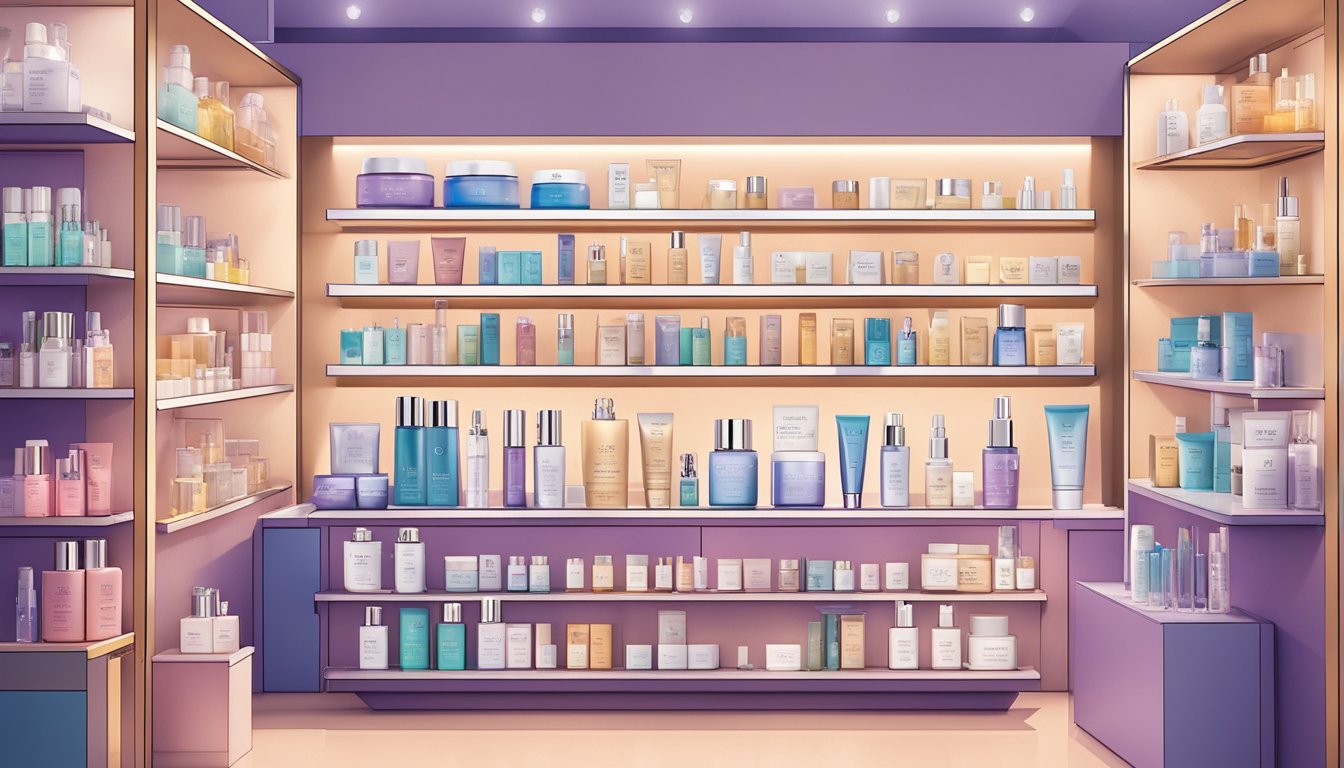 A table displaying IOPE's skincare products, surrounded by shelves stocked with various items. Bright lighting illuminates the display, highlighting the sleek packaging and vibrant colors of the products
