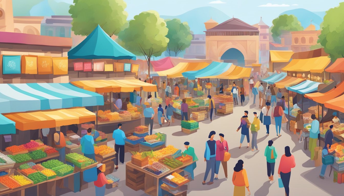 A bustling marketplace with colorful stalls and people engaging in buying and selling activities. Various goods and products are on display, with vendors and customers interacting in a lively and vibrant atmosphere