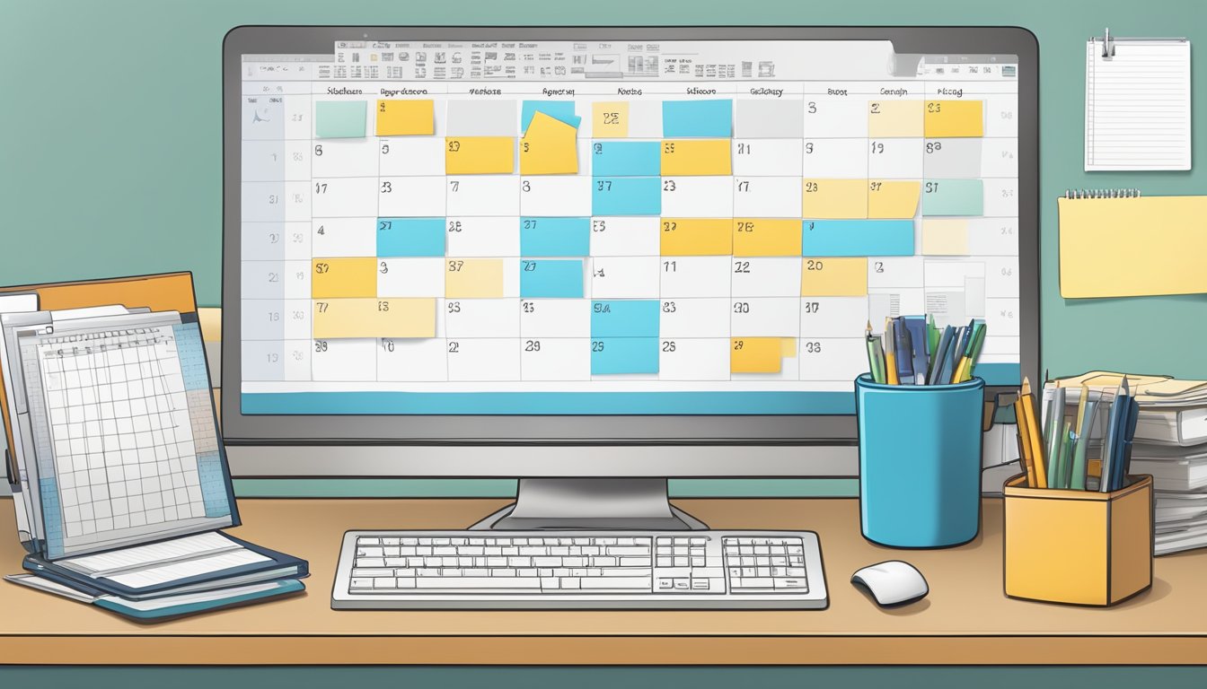 A clutter-free desk with a computer displaying Microsoft Office 2013. A calendar and to-do list are visible on the screen, along with a neatly organized file folder