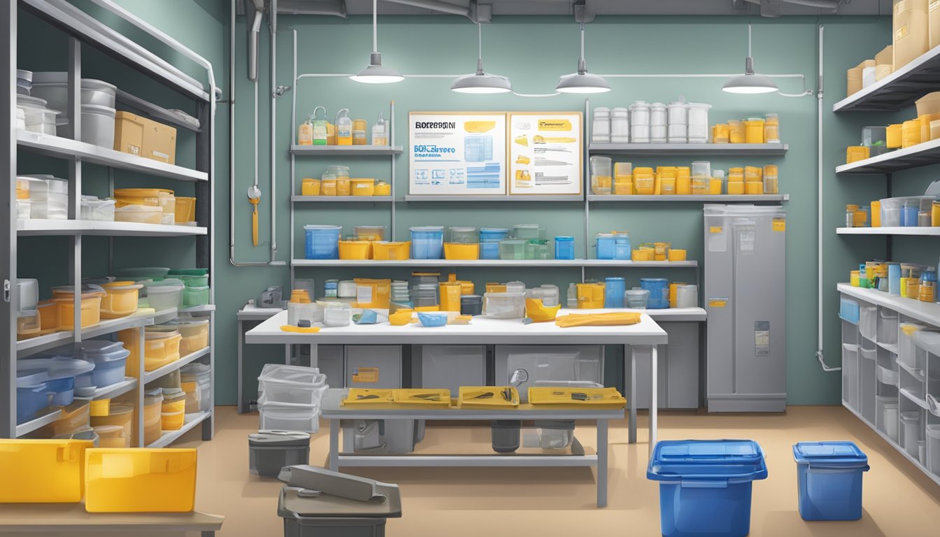 A workshop table covered in epoxy resin containers, tools, and safety equipment. A sign displaying "Where to buy epoxy in Singapore" hangs on the wall