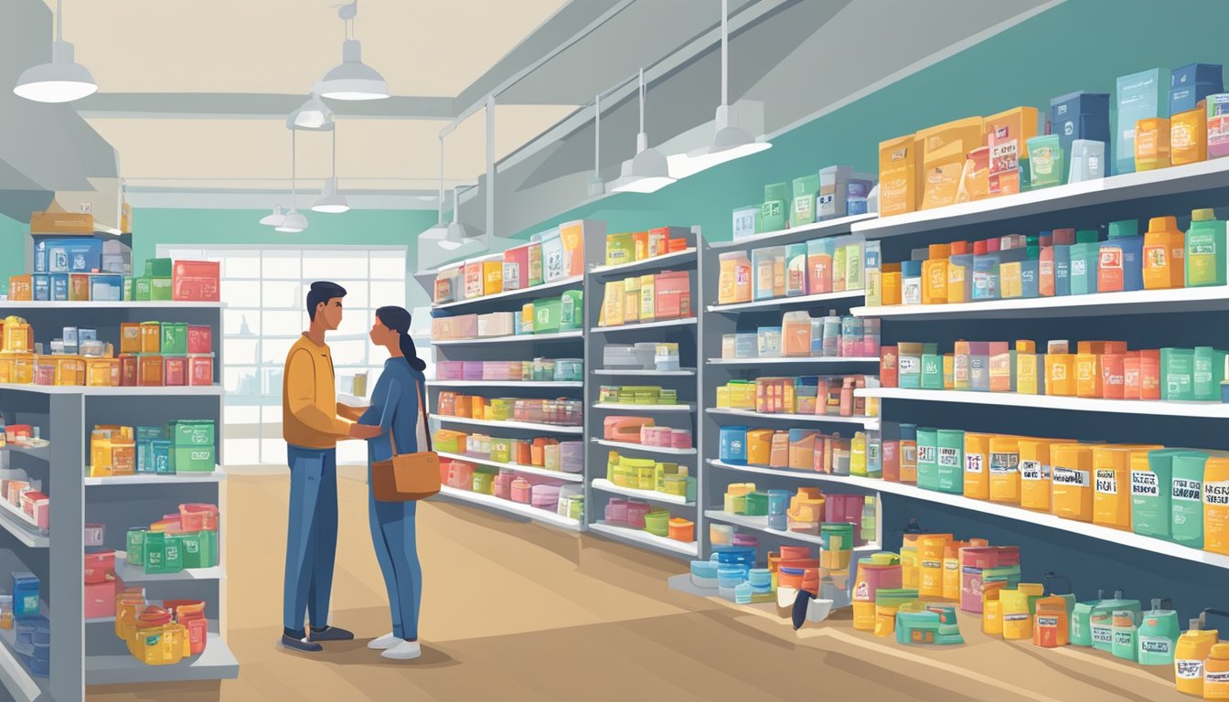 Customers browsing shelves of epoxy products in a well-lit store, with signage indicating "Frequently Asked Questions" section