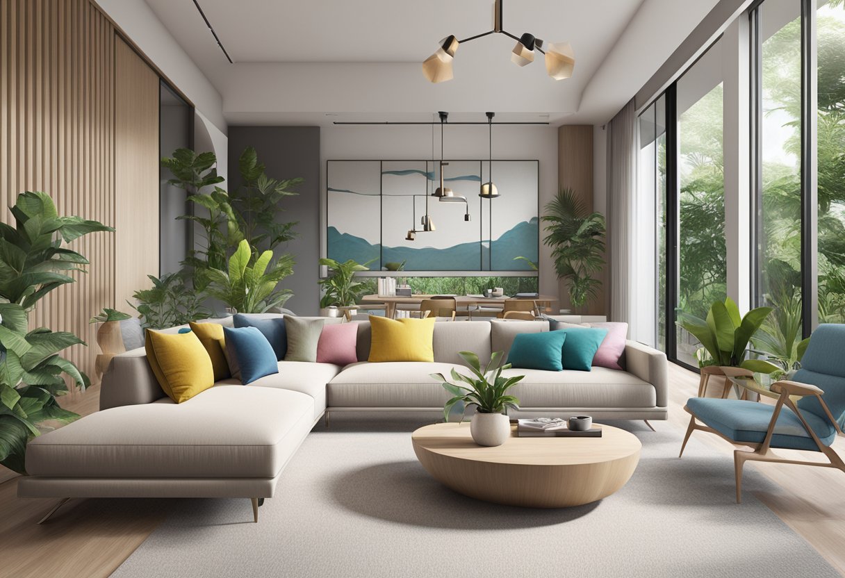 A modern living room in Singapore with sleek furniture, clean lines, and pops of color. Large windows let in natural light, and the space is accented with tropical plants and art pieces