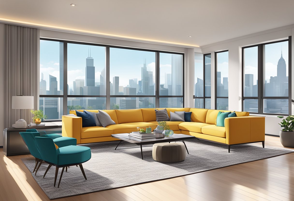 A modern living room with sleek furniture, clean lines, and pops of vibrant color. Large windows let in natural light, showcasing the city skyline