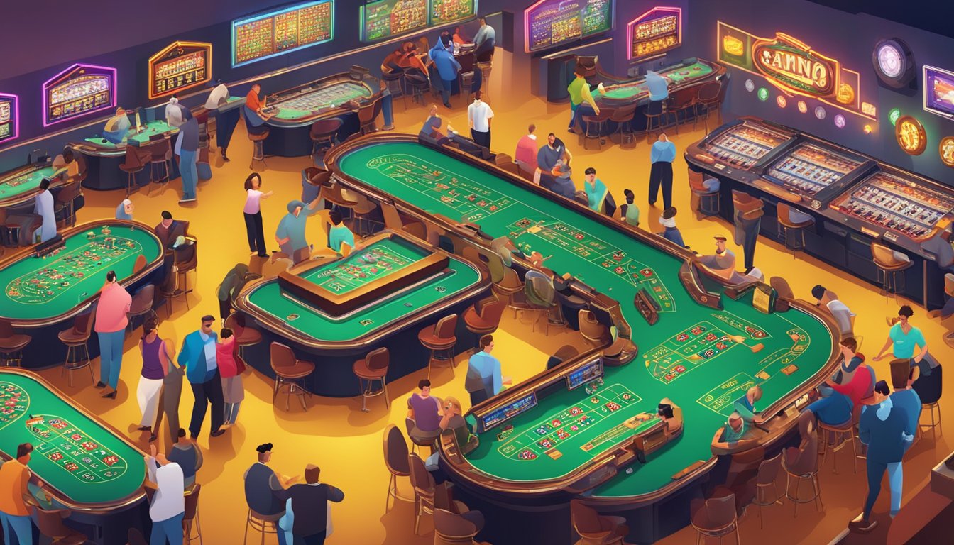 A bustling casino floor with colorful slot machines and gaming tables, surrounded by excited and entertained patrons
