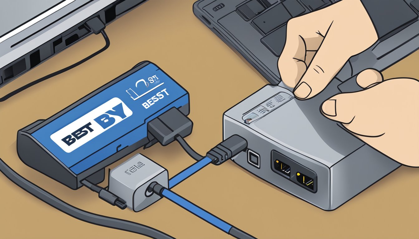 A hand plugging a type C cable into an HDMI port on a device, with a Best Buy logo in the background