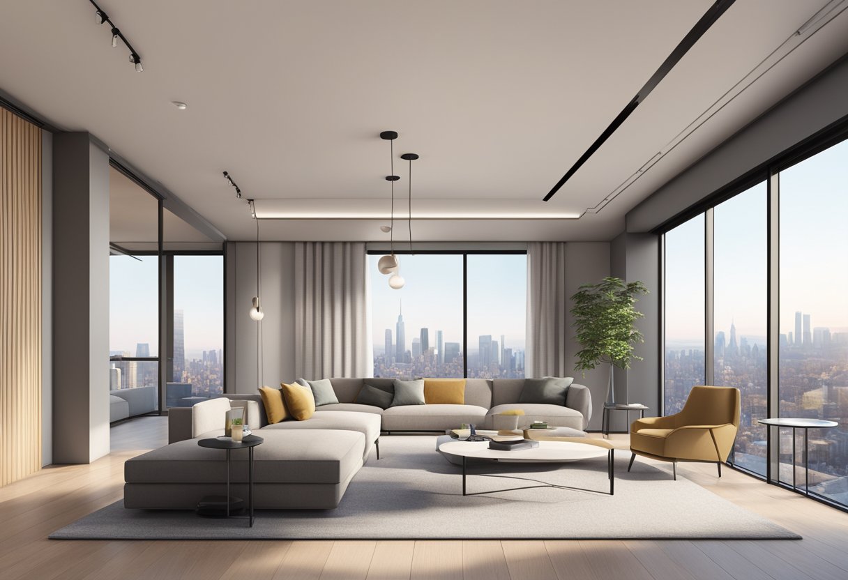A modern, minimalist living room with sleek furniture, neutral color palette, and large windows overlooking a city skyline